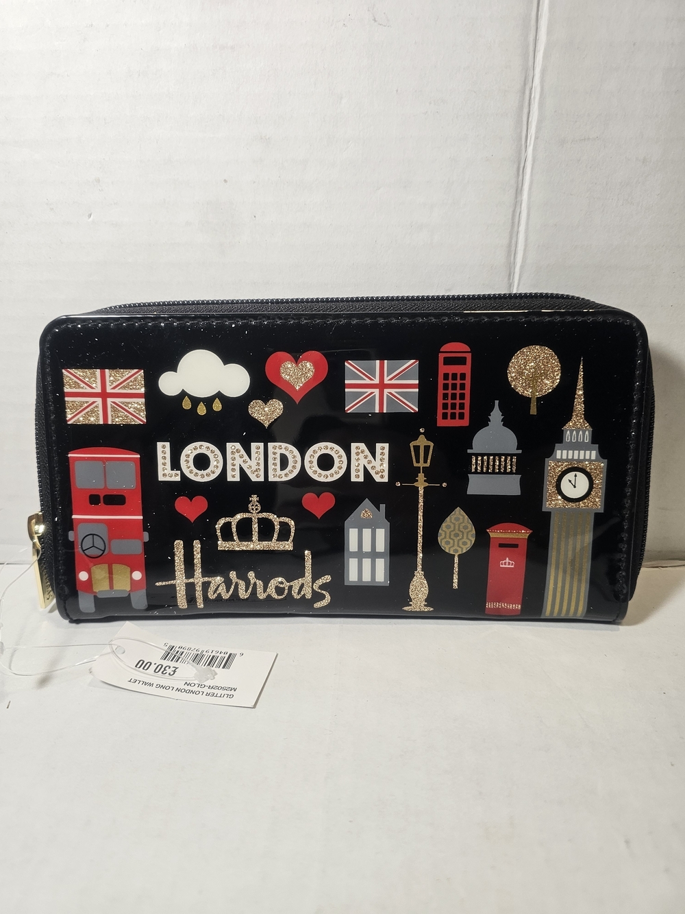 Harrods London Icons Zip Around Wallet Black Patent Glitter Souvenir Clutch